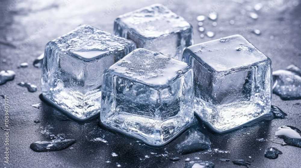 Close-up of clear, glossy ice cubes in a pile, with their smooth surfaces and frosty details capturing the cold.