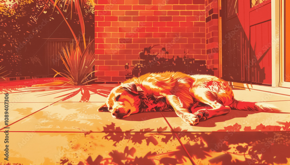 dog suffering at summer from heat wave with extreme hot weather and temperature, animal suffer from global warming and climate change impact concept