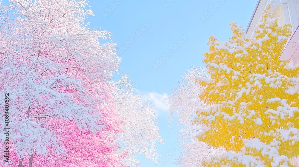 Background Featuring a Dramatic Winter Scene with Snowfall and Seasonal Changes, Depicting a Heavenly Ceiling Mural Against a Blue Sky Framed in Baroque Style, Enhanced with AI-Generated Design Elemen