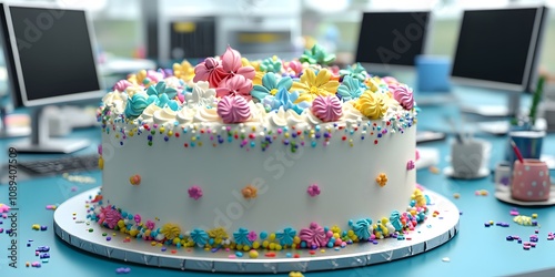 A colorful cake adorned with vibrant decorations sits on a table in an office setting.