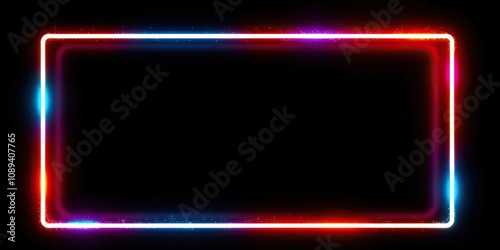 Neon square shape frame with shimmering effects and bright colors against black background, futuristic atmosphere, modern style