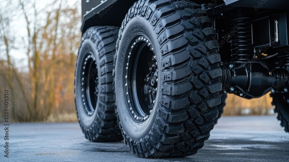 Close-up of large black wheels on a truck trailer, showing the heavy-duty tires and rugged treads on asphalt. Close-up of large black wheels on a truck trailer, showing the heavy-duty tires and rugged treads on asphalt.