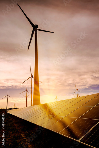 Solaranlage und Windräder bei Sonnenuntergang