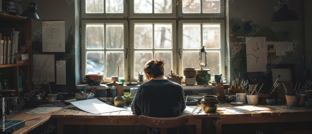 Artist Contemplating Creativity at Blank Canvas in Minimalist Studio