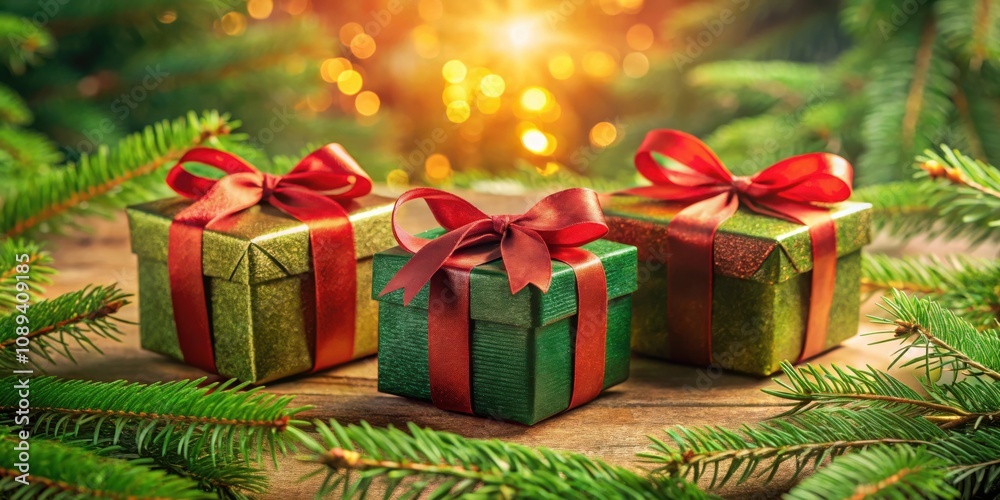 Three green gift boxes with red bows and ribbons surrounded by pine branches against a bokeh background. Three green gift boxes with red bows and ribbons surrounded by pine branches against a bokeh background.
