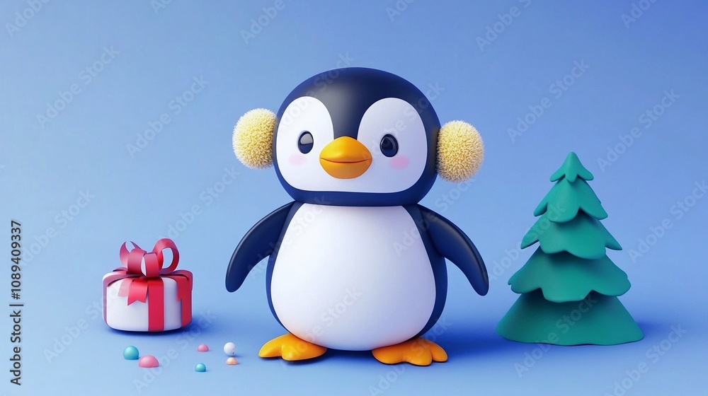 Obraz premium Cute Plush Toy Penguin with Earmuffs and Gift on Simple Background