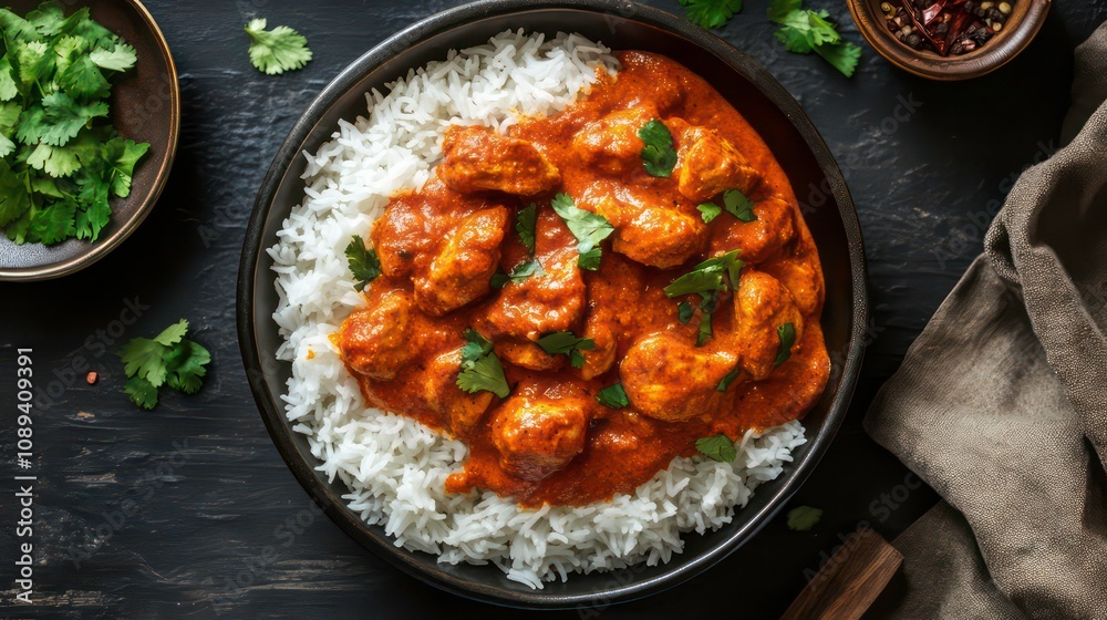 A plate of beef curry with rice, red pepper, cilantro, and a slice of lemon. A plate of beef curry with rice, red pepper, cilantro, and a slice of lemon.