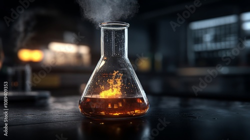 Boiling Point: A single Erlenmeyer flask, filled with a glowing, bubbling concoction, sits on a dark countertop in a dimly lit laboratory. The liquid inside seems to be on the verge of ignition. photo