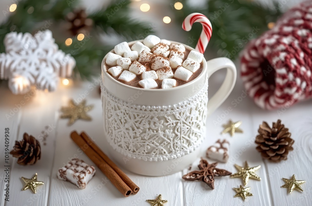 A cozy mug of hot chocolate topped with marshmallows and a candy cane, surrounded by festive decorations, pinecones, and stars. A cozy mug of hot chocolate topped with marshmallows and a candy cane, surrounded by festive decorations, pinecones, and stars.