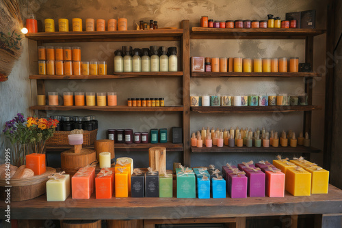 Wallpaper Mural A cozy small workshop with handmade candles and soap, shelves filled with colorful artisan products in rustic packaging. Torontodigital.ca
