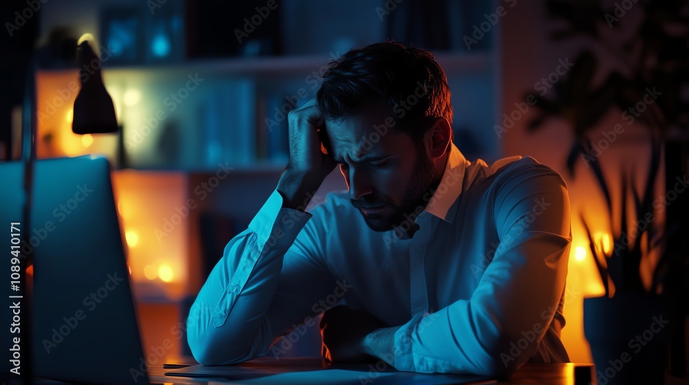 Stressed man sitting at desk in dimly lit room, looking at computer, deep in thought. Stressed man sitting at desk in dimly lit room, looking at computer, deep in thought.