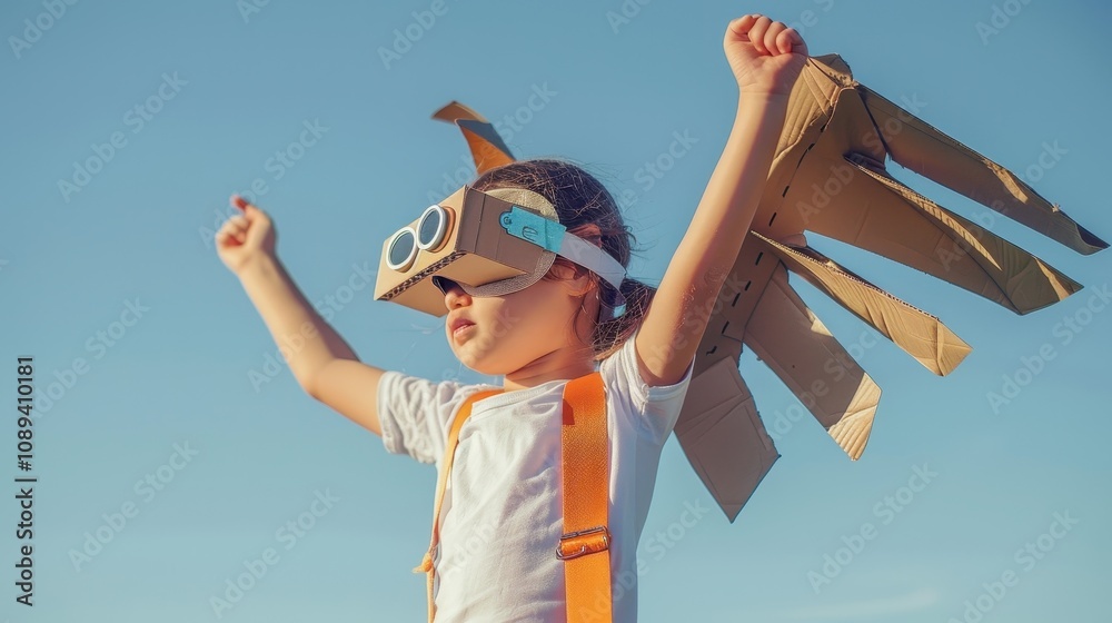 Child with Cardboard Wings and Goggles, Ready to Fly in Blue Sky Child with Cardboard Wings and Goggles, Ready to Fly in Blue Sky