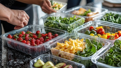 Coworkers sharing a healthy lunch at work, with fresh fruits, salads, and lean meats.