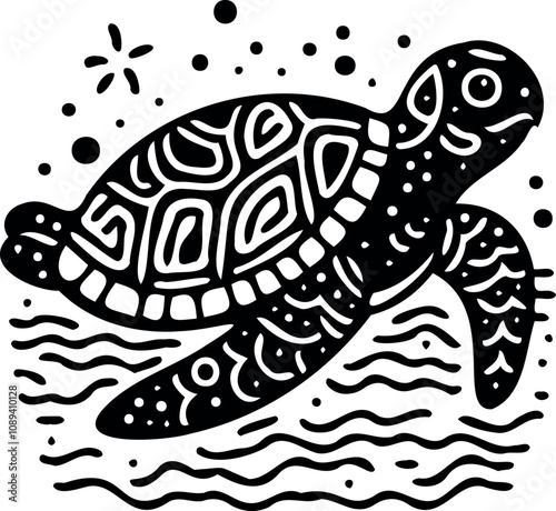 Sea Turtle Swimming in Abstract Style with Patterns.  Isolated vector illustration