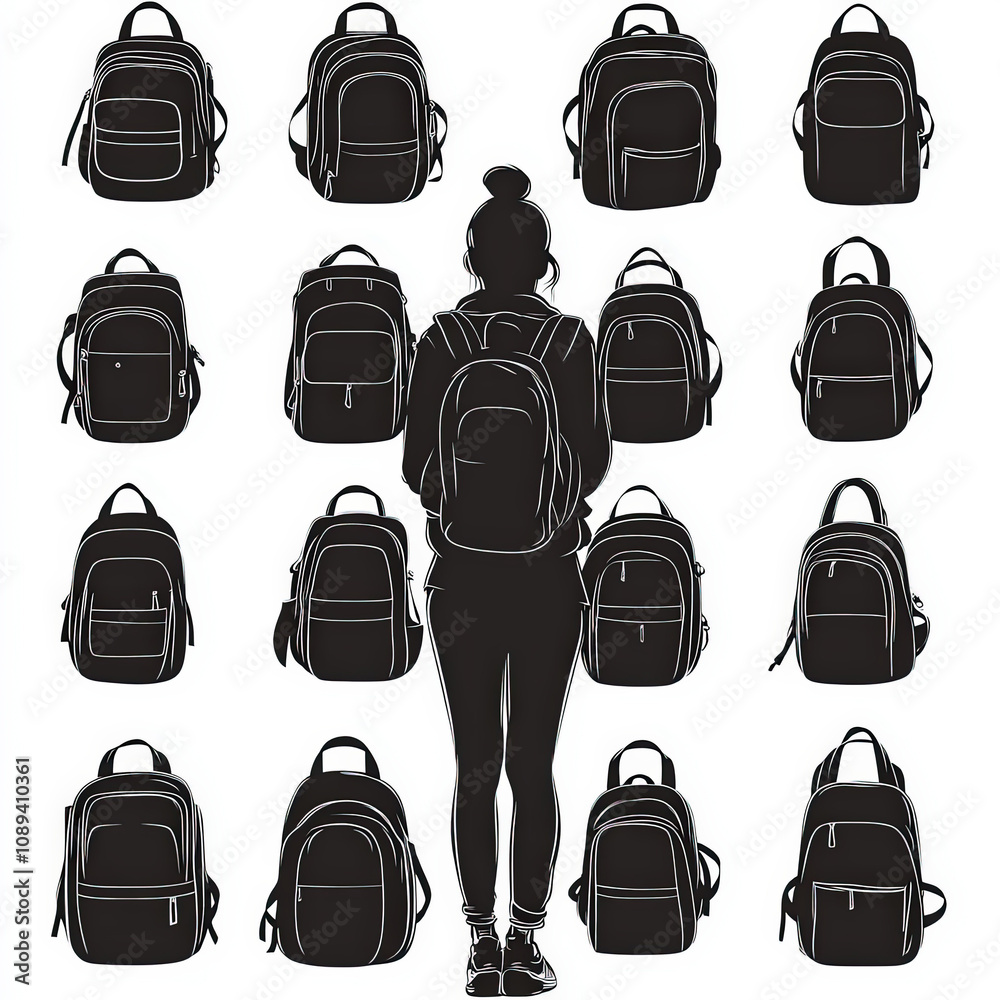 Woman With Backpack Silhouettes, Black And White Illustration Isolated On White Background Woman With Backpack Silhouettes, Black And White Illustration Isolated On White Background