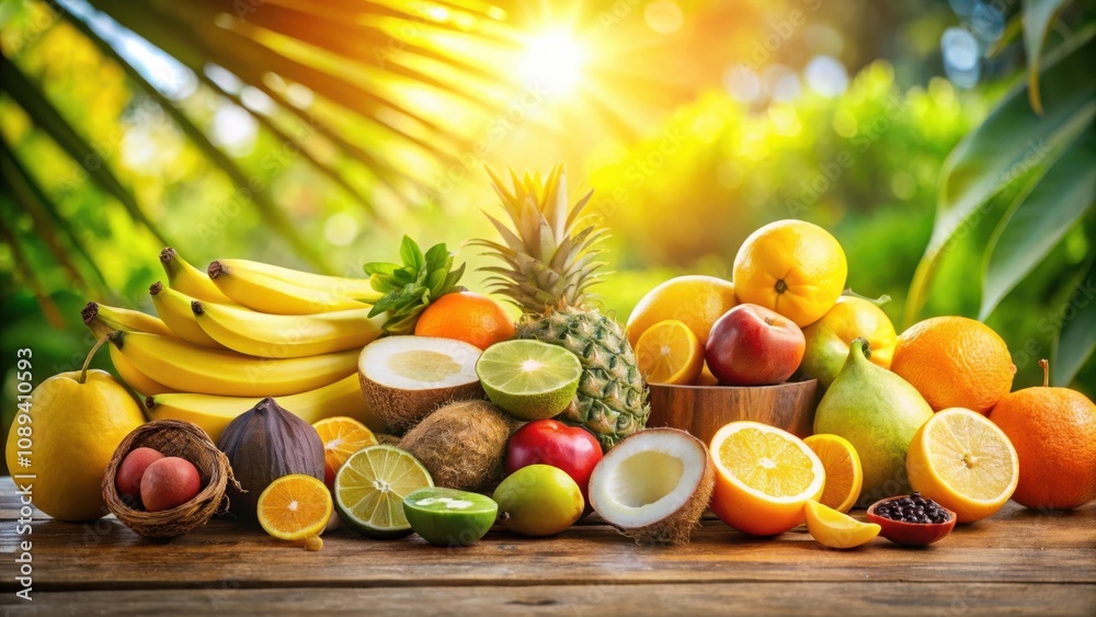A vibrant assortment of fresh fruits, including bananas, pineapple, citrus fruits, and apples, displayed on a rustic wooden table with a natural green background. A vibrant assortment of fresh fruits, including bananas, pineapple, citrus fruits, and apples, displayed on a rustic wooden table with a natural green background.