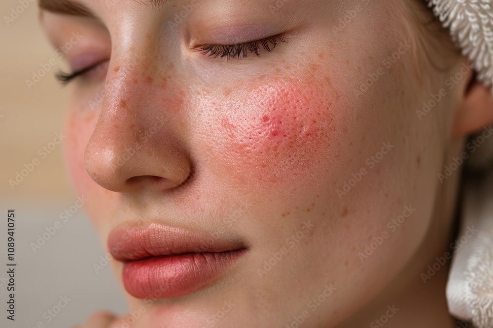 Fototapeta premium Close-up portrait of serene face with a red pimple in spa setting