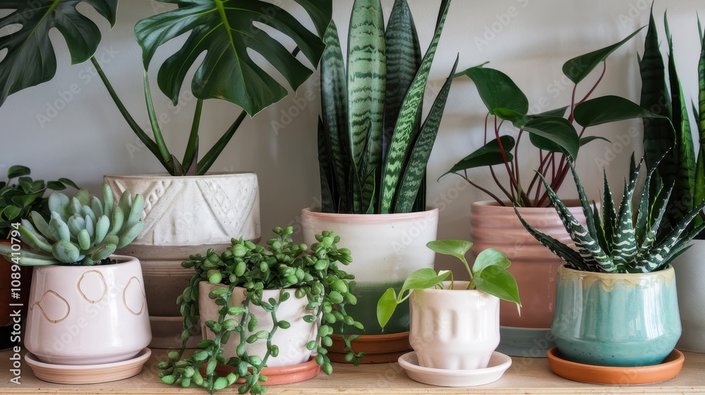 Stylish Indoor Plants in Decorative Ceramic Pots on a Wooden Shelf Stylish Indoor Plants in Decorative Ceramic Pots on a Wooden Shelf