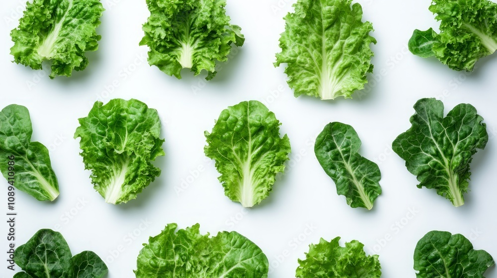 Fresh green lettuce and spinach leaves arranged in a repeating pattern on a white background. Fresh green lettuce and spinach leaves arranged in a repeating pattern on a white background.