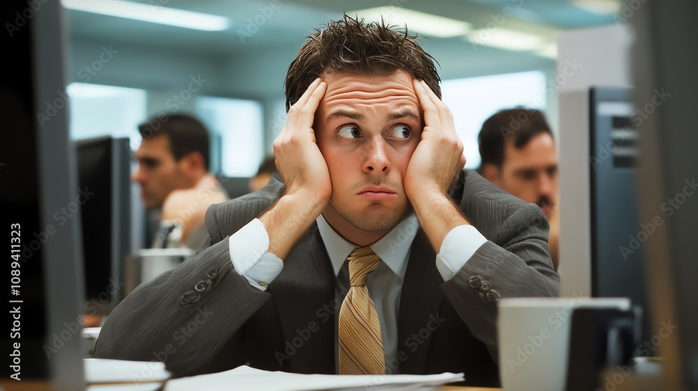 Stressed businessman in office, hands on head, overwhelmed by work, seeking relief from pressure. Stressed businessman in office, hands on head, overwhelmed by work, seeking relief from pressure.