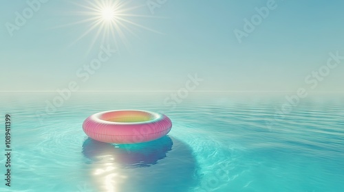 Colorful inflatable ring in a pristine pool, casting a shadow on the water as the sun shines overhead, evoking summer vibes.