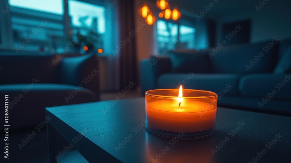 Lit candle on coffee table in dimly lit living room. Lit candle on coffee table in dimly lit living room.