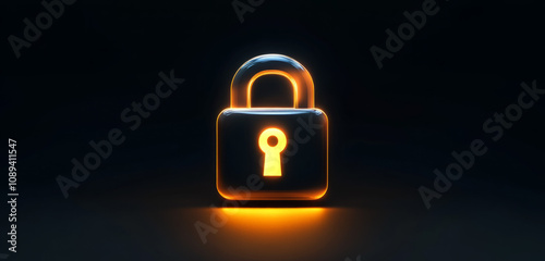 Bright orange locked padlock glowing against a dark background photo