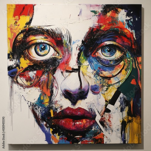 A vibrant and colorful painting depicting a woman s face is beautifully hanging on a wall in an art gallery setting photo