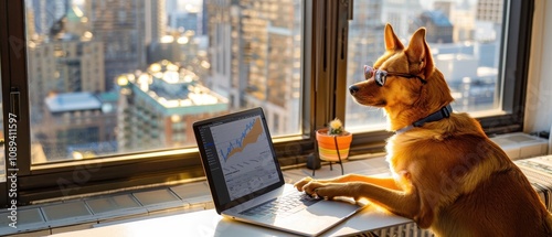 Dog Wearing Sunglasses Observing Laptop with Ethereum Charts