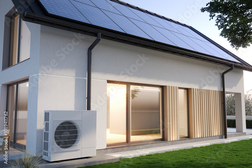 Heat pump next to the house and solar panels on the roof. The concept of an energy-efficient home. 3D illustration