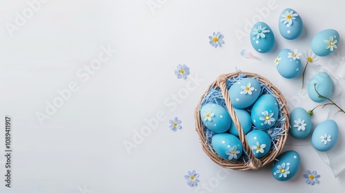 Easter basket with blue eggs and flowers, minimalist product display photo