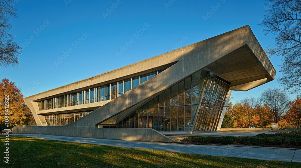 Concrete facade with bold architectural lines and shapes, framed by a clear blue sky, evoking urban sophistication. Concrete facade with bold architectural lines and shapes, framed by a clear blue sky, evoking urban sophistication.