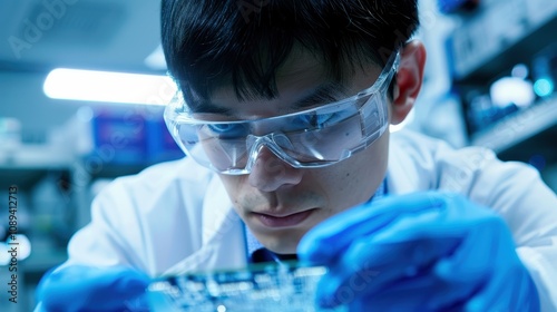 Engineer Examining Overheated Graphics Card in Tech Lab photo