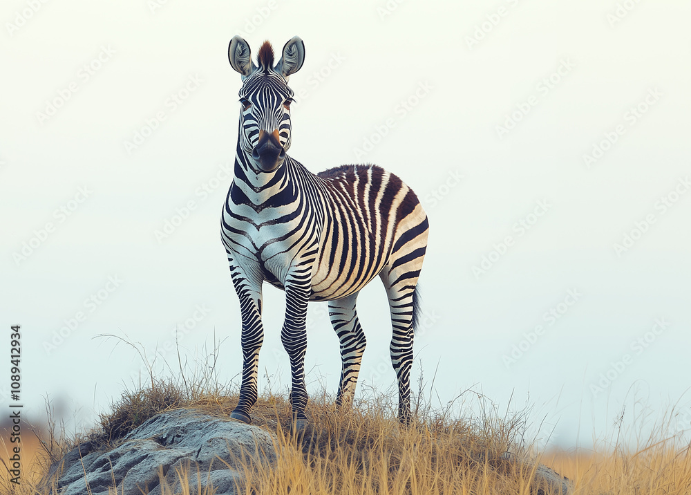 Obraz premium A solitary zebra stands on a rock amidst tall grass in the wild at dusk in an African landscape
