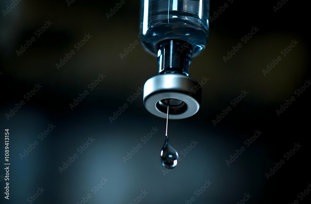 A single drop of liquid hangs from the tip of a syringe's needle against a dark background. A single drop of liquid hangs from the tip of a syringe's needle against a dark background.