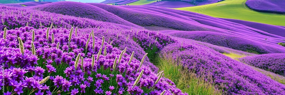 Obraz premium Rolling hills of vibrant purple flowers swaying gently in the breeze, botanical beauty, rustic charm