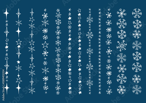 Winter garland with doodle snowflakes and stars. Hand drawn vector illustration on blue background.