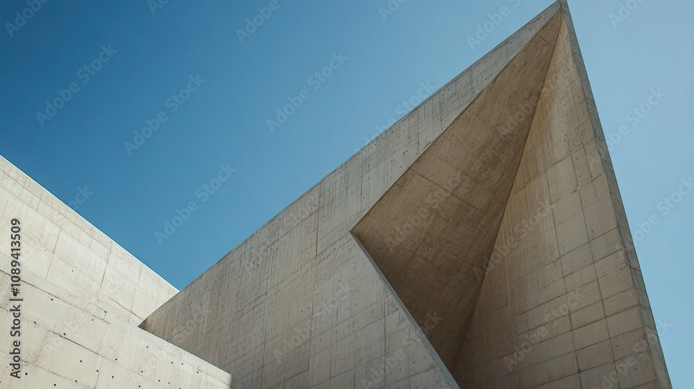 Contemporary concrete high-rise with sharp angles and minimalist features, with a clear blue sky in the background. Contemporary concrete high-rise with sharp angles and minimalist features, with a clear blue sky in the background.