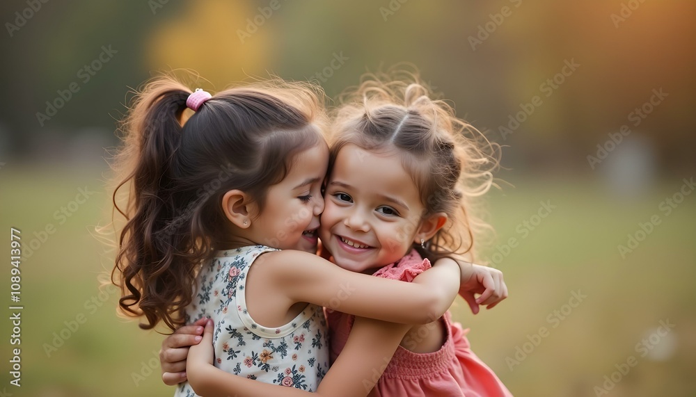 Niñas abrazándose con cariño, representando amistad y recuerdos de la infancia. Niñas abrazándose con cariño, representando amistad y recuerdos de la infancia.