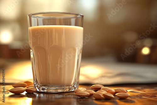 Glass of almond milk on table with almonds around photo