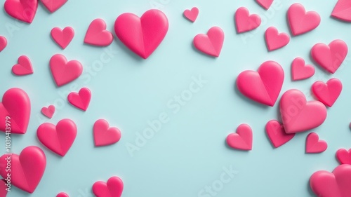 scattered pink hearts on light blue background with subtle texture, pattern design, thoughtful presents, paper crafts