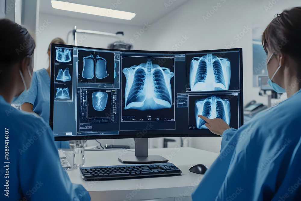 custom made wallpaper toronto digitalTwo doctors analyze chest x-rays on a large monitor in a medical office, discussing the images.