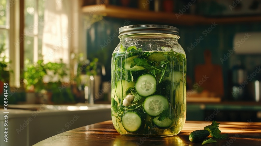 Cucumbers in a large jar, floating in brine with herbs and garlic, set against a warm, rustic kitchen background Cucumbers in a large jar, floating in brine with herbs and garlic, set against a warm, rustic kitchen background