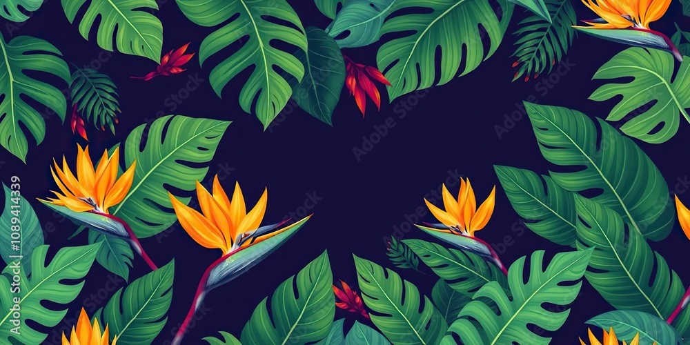 Obraz premium Seamless Tropical Leaf Pattern with Bird of Paradise, green foliage, nature prints