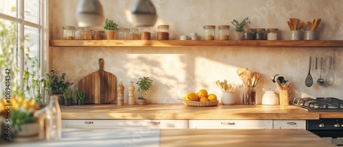 Bright kitchen scene with wooden shelves, jars, and fresh produce, emphasizing a cozy atmosphere.