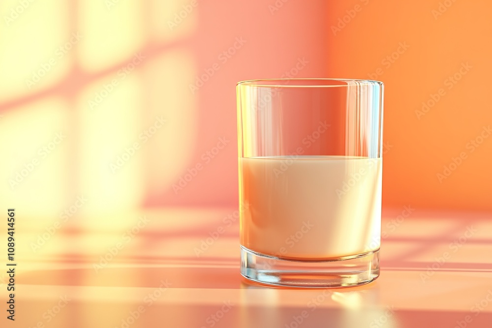 Glass of milk on warm sunny background, soft shadows