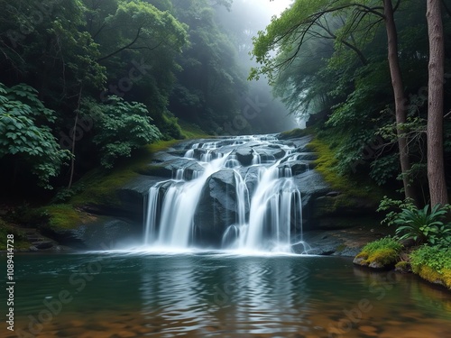 Serene cascading waterfall in misty forest, serene, nature