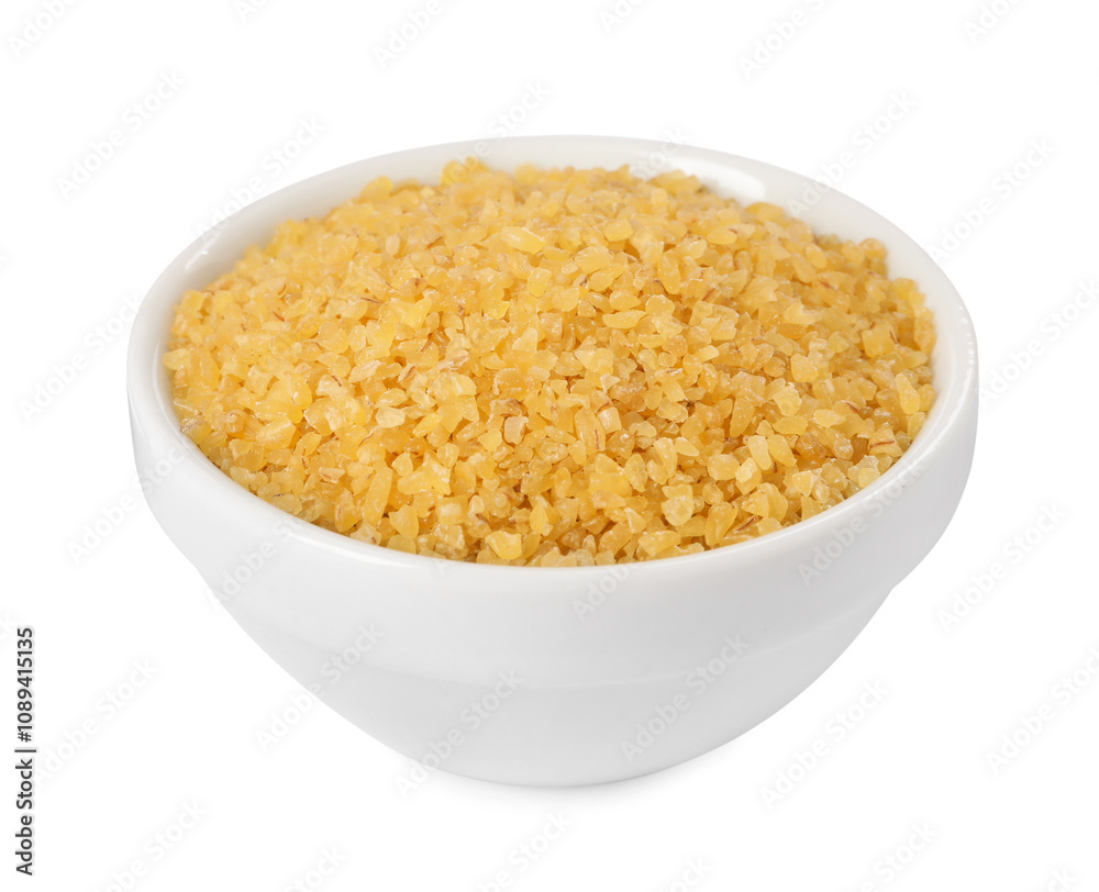 Raw bulgur in bowl isolated on white Raw bulgur in bowl isolated on white