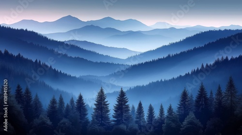 Serene Misty Mountain Landscape with Layers of Pine Forests