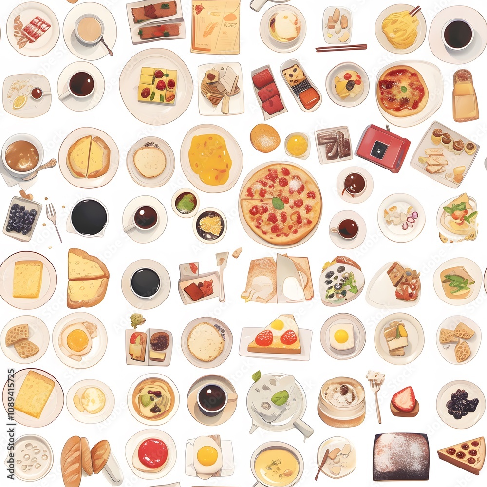 The image is a colorful and vibrant illustration featuring a variety of breakfast foods. The background is white, which makes the colorful foods pop out.,There are many different types of breakfast fo The image is a colorful and vibrant illustration featuring a variety of breakfast foods. The background is white, which makes the colorful foods pop out.,There are many different types of breakfast fo